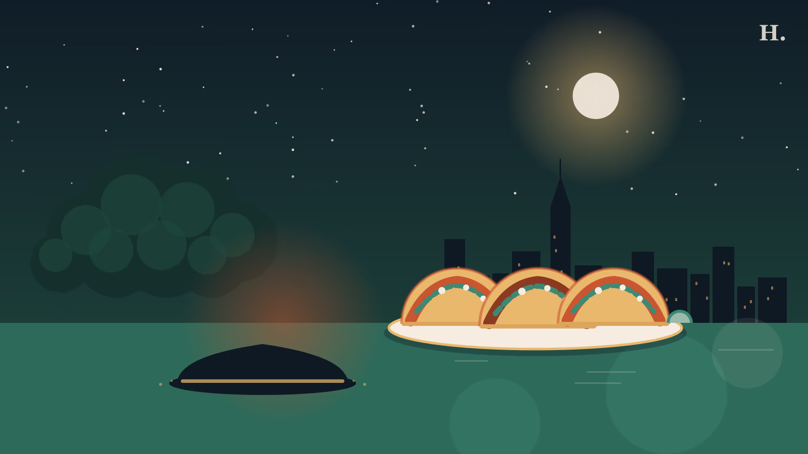 Mexican and Tex-Mex restaurants in League City TX: taco plates, chili peppers, and night skyline illustration