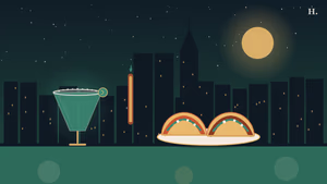 Mexican and Tex-Mex restaurants Midtown Houston: margarita glass, tacos and skyline at night