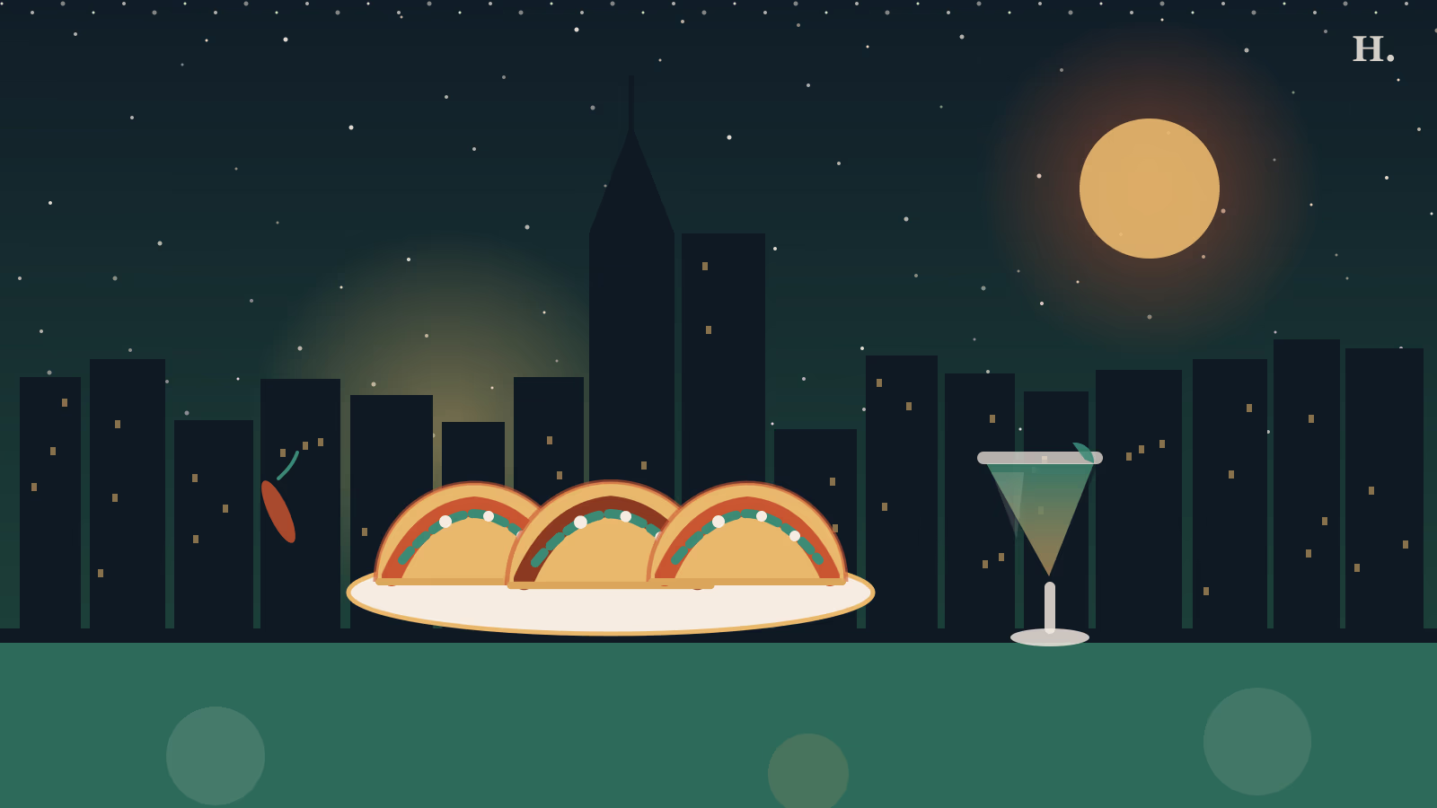 Three tacos and a margarita glass against the Houston skyline — Mexican restaurants Missouri City TX