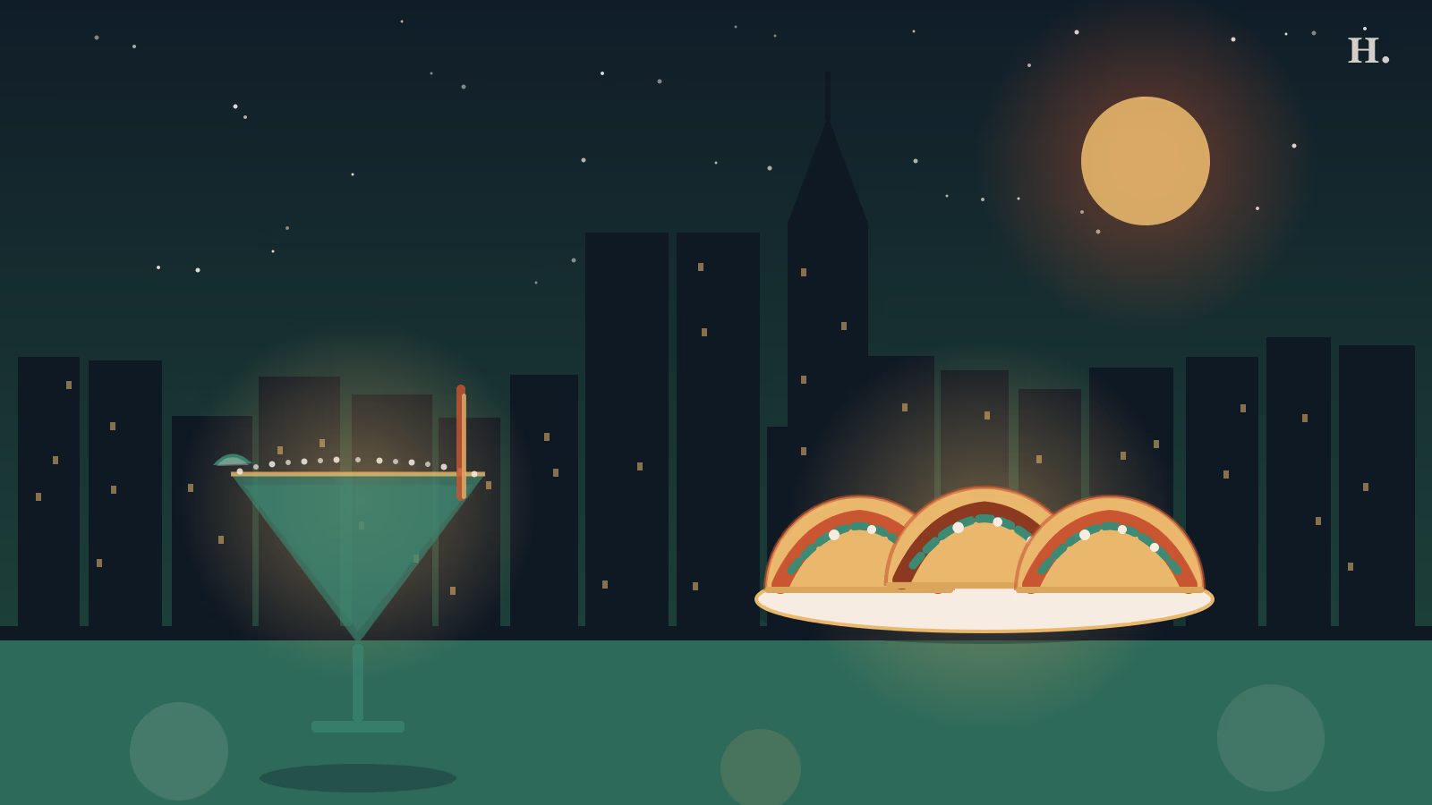 Mexican and Tex-Mex restaurants in Montrose: margarita glass and tacos against the Houston night skyline