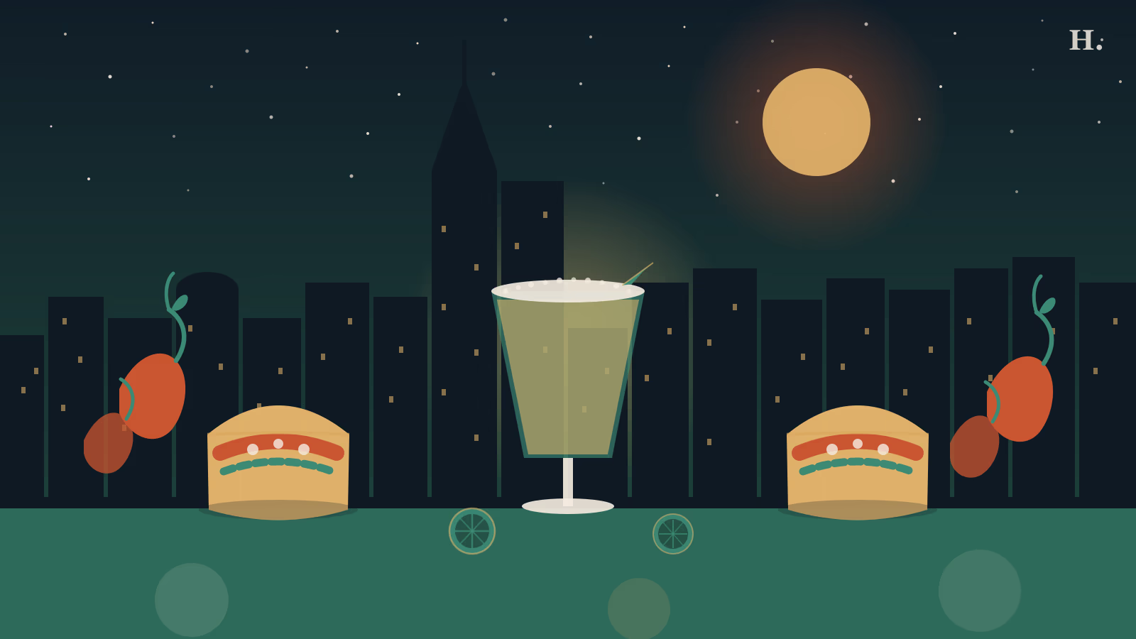 Mexican and Tex-Mex restaurants Museum District night—margarita glass, tacos, chili peppers, Houston skyline