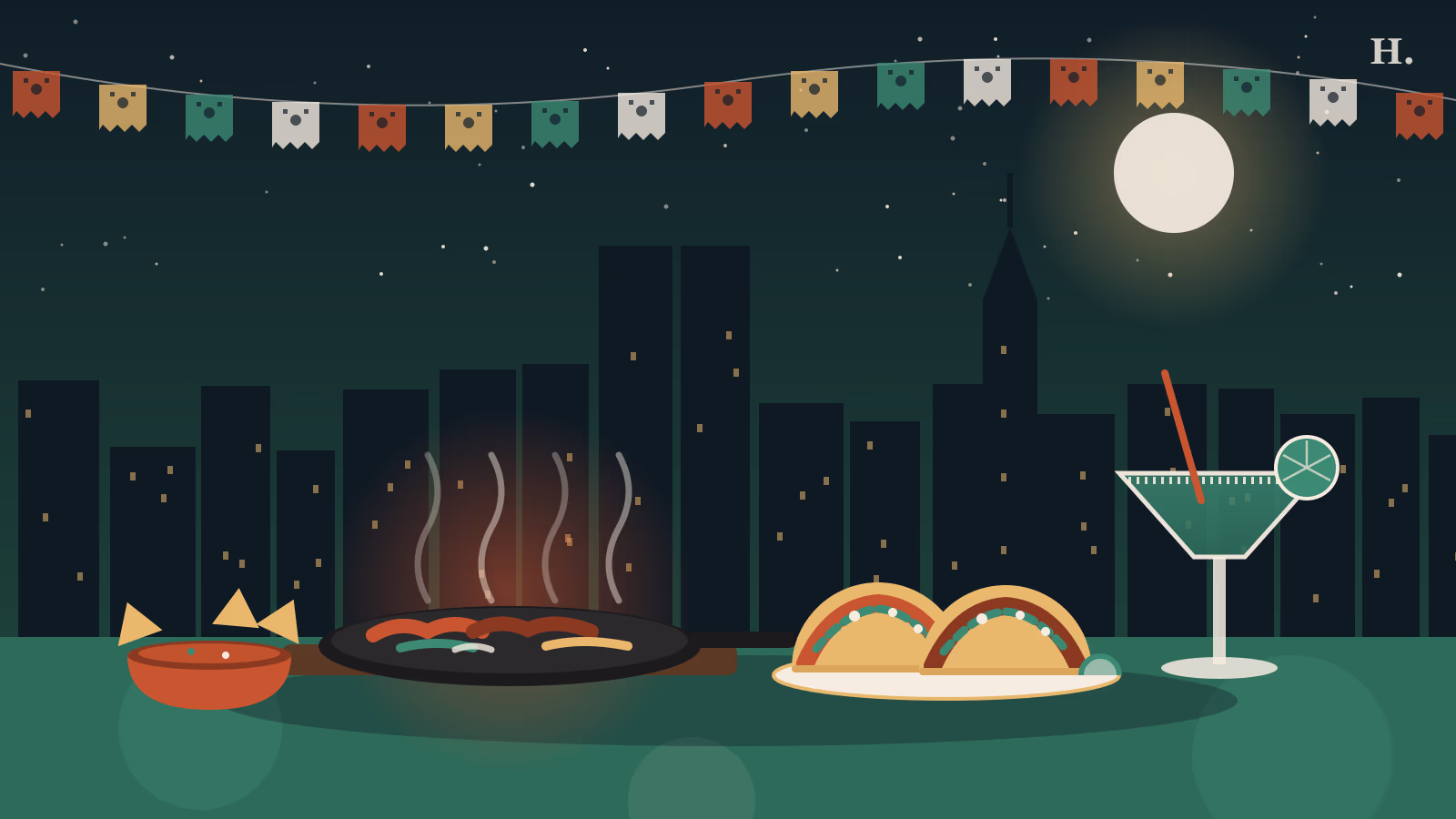 Mexican restaurants Pearland illustration: sizzling fajita skillet, tacos and a margarita under a night sky