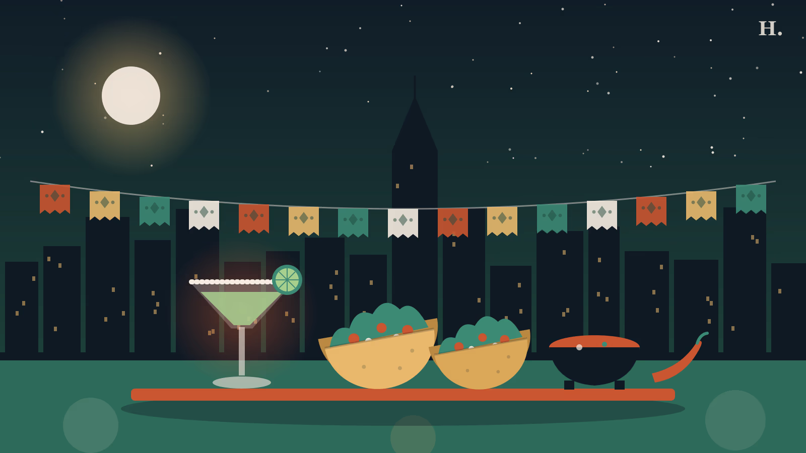 Illustration of tacos, a margarita and papel picado for Mexican restaurants Sugar Land guide