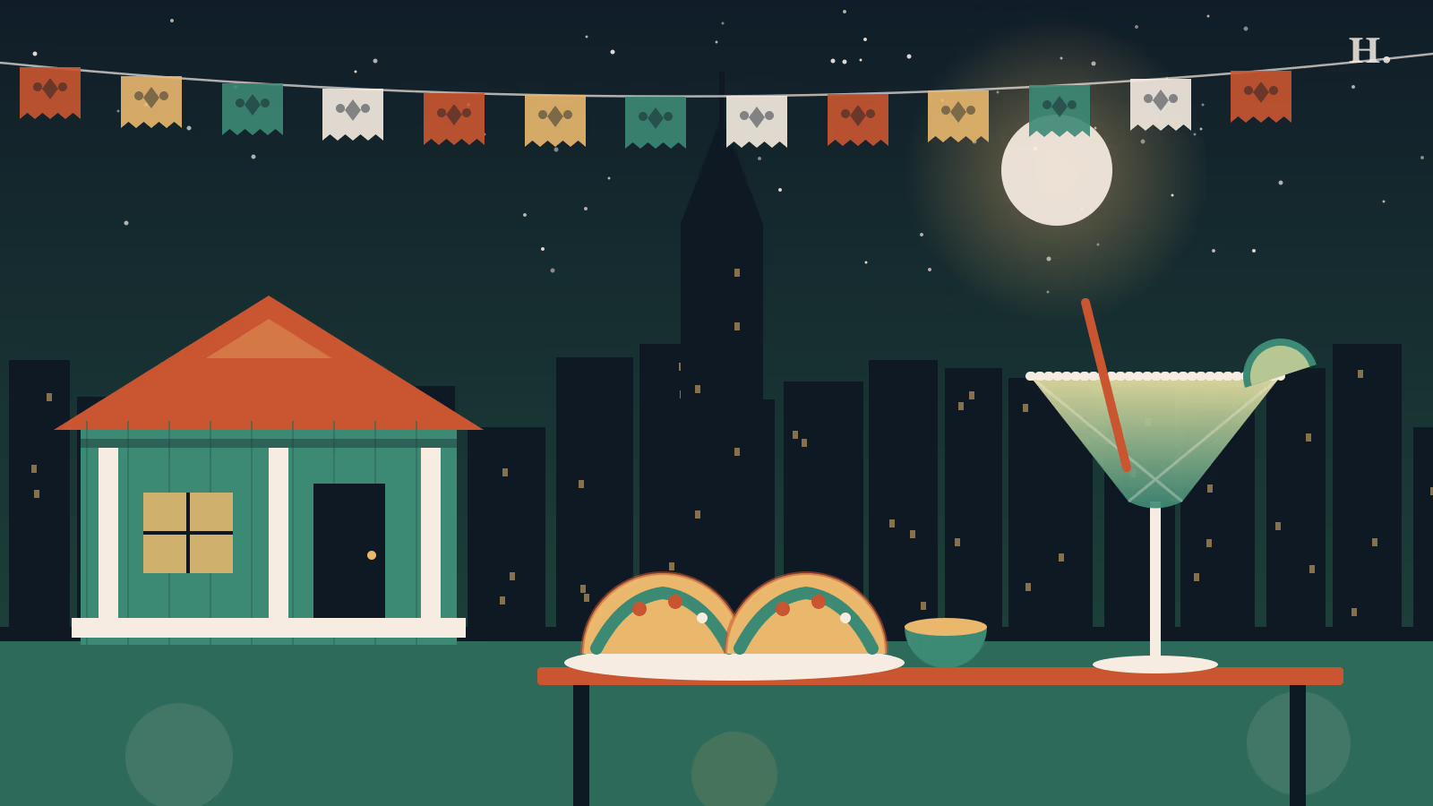 Mexican restaurants Heights illustration: margarita, tacos and a bungalow porch with papel picado under the Houston skyline