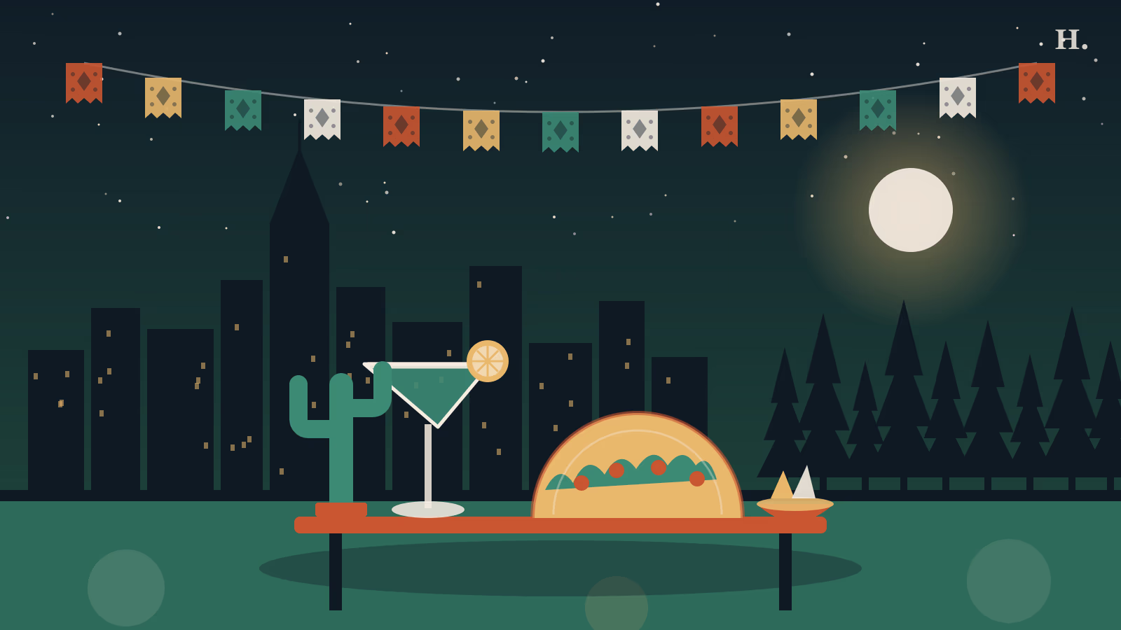 Illustrated taco, margarita and papel picado under pines, for Mexican restaurants The Woodlands guide