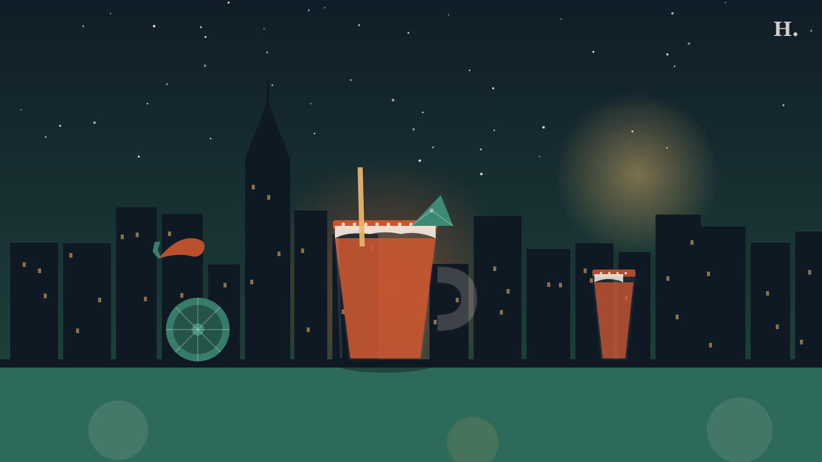 Best micheladas in Houston illustration: chili-rimmed beer mug with lime wedge against Houston night skyline