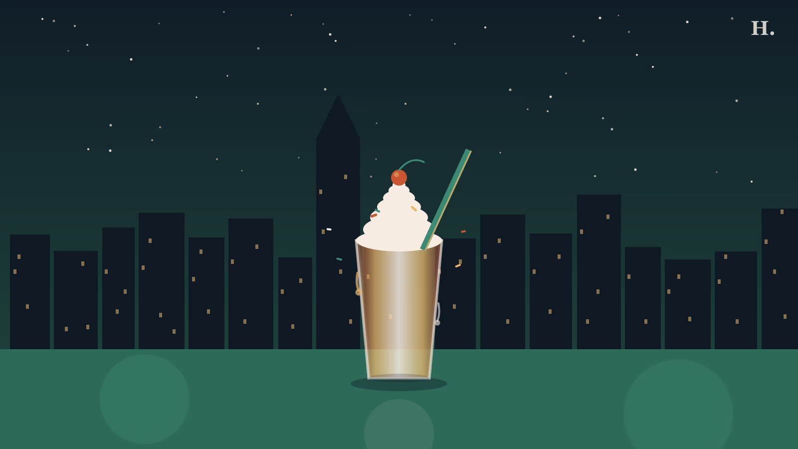 Best milkshakes in Houston illustration: tall milkshake glass with whipped cream against the Houston night skyline