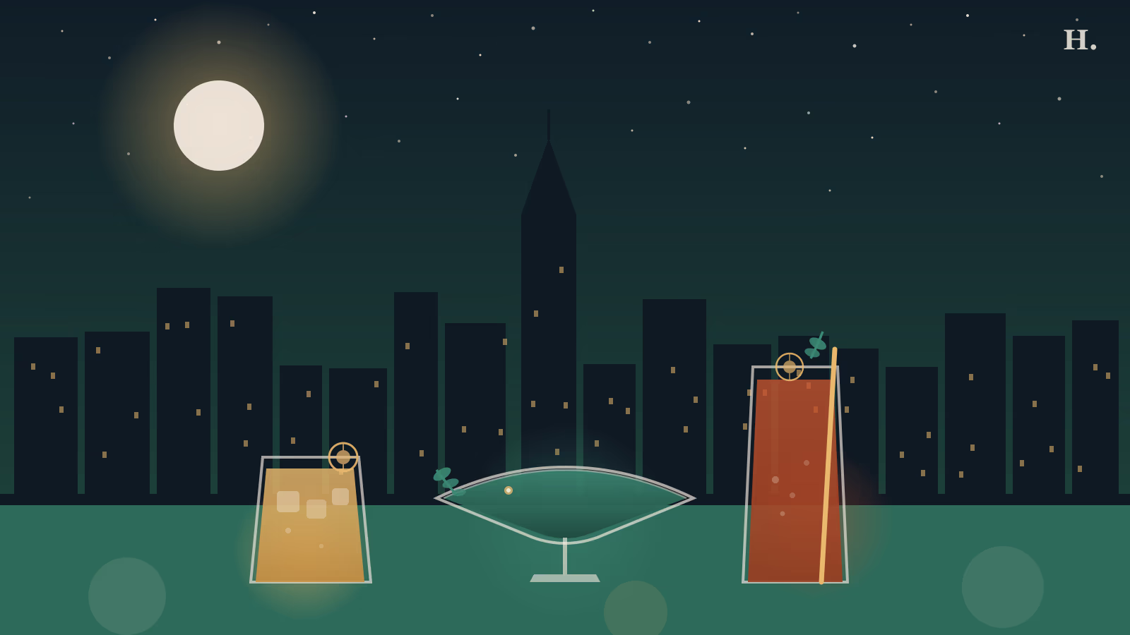 Best mocktails in Houston illustration: three cocktail glasses with citrus garnishes, botanical sprigs and the downtown skyline at night