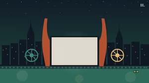 Night-sky Houston skyline illustration with movie screen, cinema curtains and film reel in the foreground, best movie theaters houston