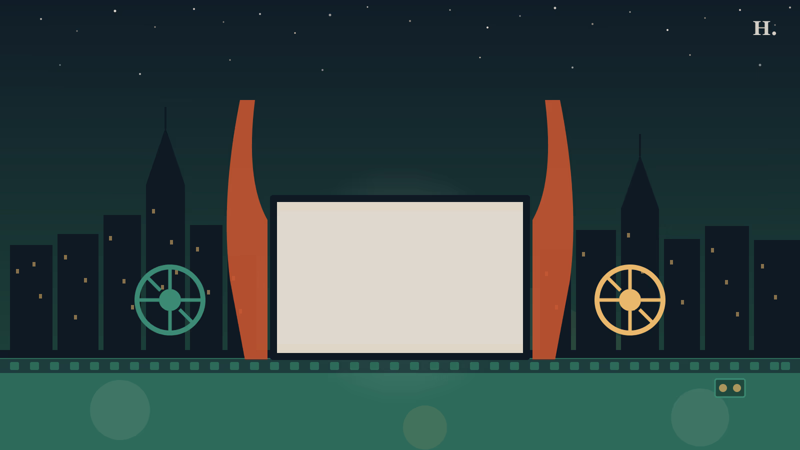 Night-sky Houston skyline illustration with movie screen, cinema curtains and film reel in the foreground, best movie theaters houston