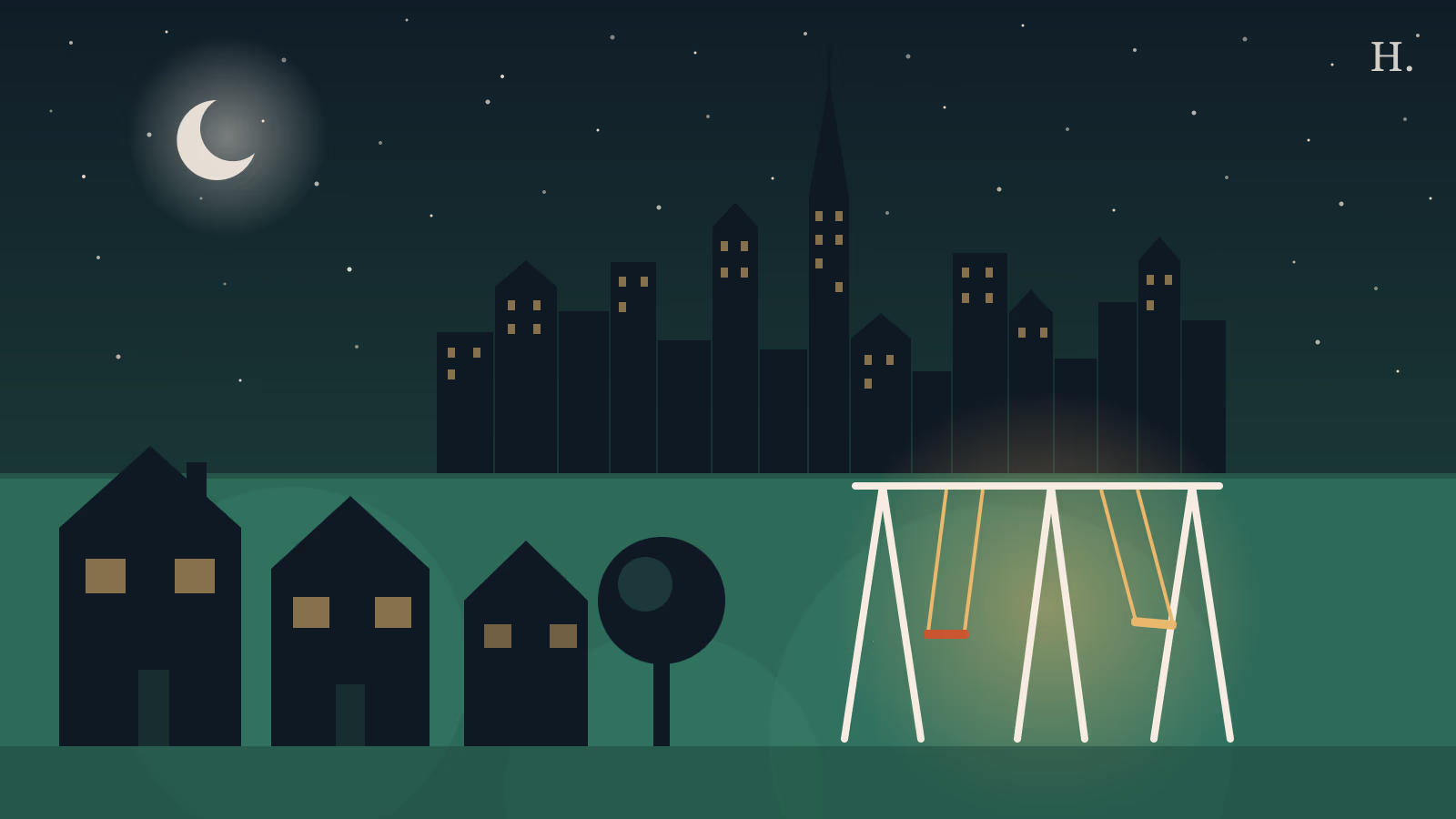 Houston family neighborhoods at night: suburban houses, playground swings, and city skyline silhouette