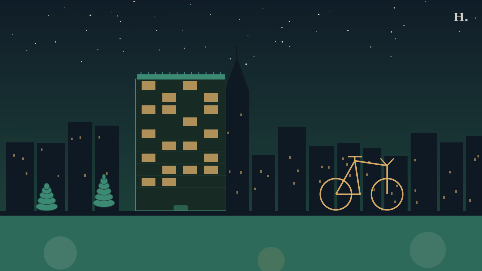 Neighborhoods for young professionals Houston: apartment building bicycle skyline night illustration