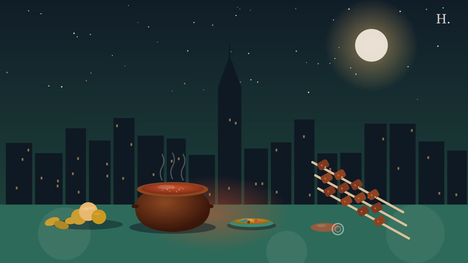 Nigerian food Houston night illustration: clay pot of jollof rice and suya skewers against the Houston skyline