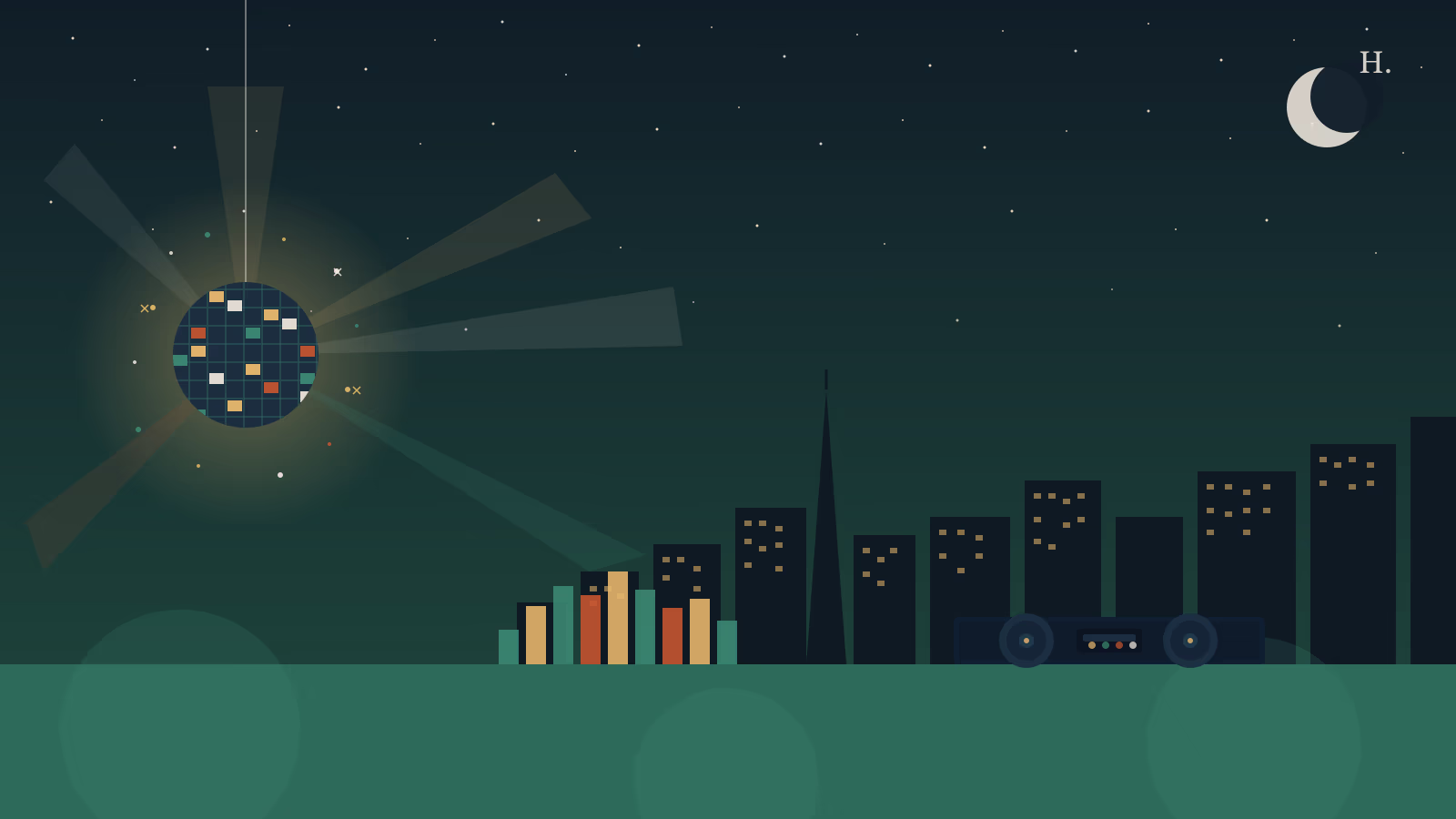 Best nightclubs in Houston illustration: disco ball and skyline silhouette at night