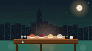 Best omakase Houston illustration: nigiri on a hinoki counter under Houston's night skyline