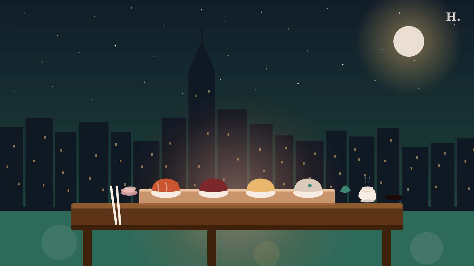 Best omakase Houston illustration: nigiri on a hinoki counter under Houston's night skyline
