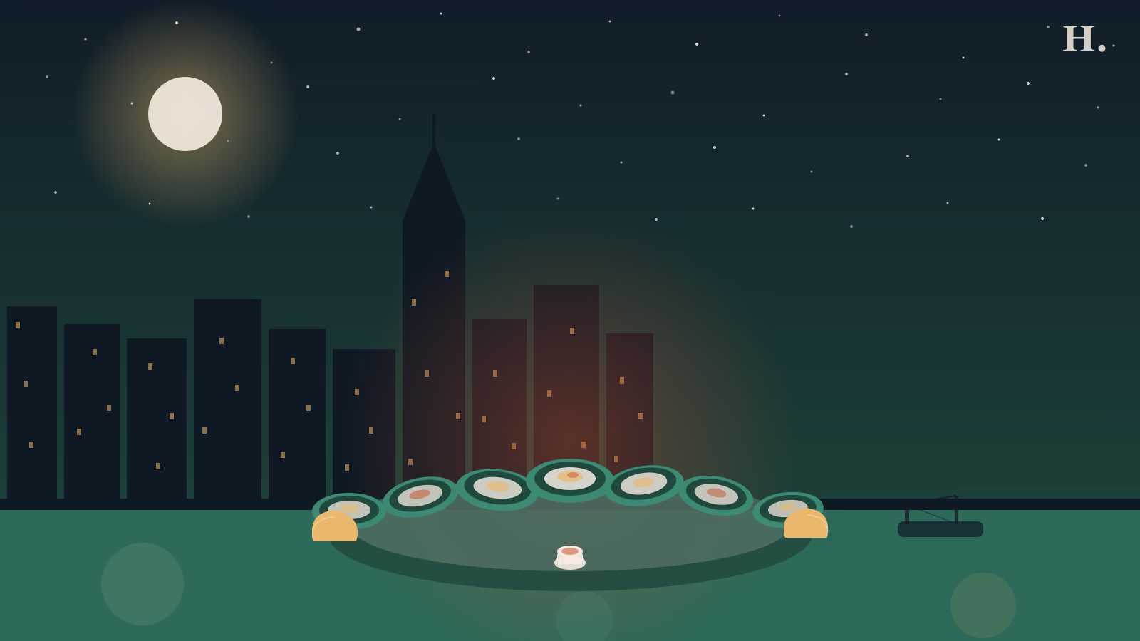 Oysters in Houston illustration: raw half-shells on ice, Gulf Coast shrimp boat silhouette and Houston skyline at night