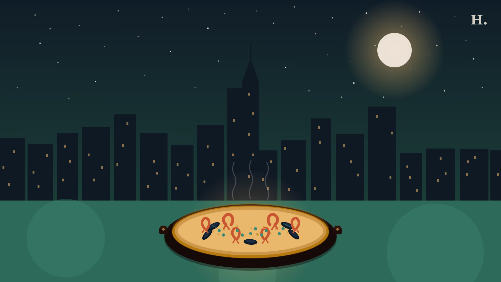 Paella pan with shrimp, mussels and saffron rice against the Houston skyline at night