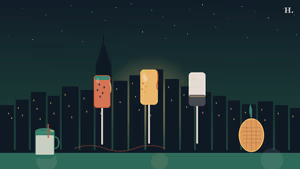 Best paleterias in Houston illustration: colorful fruit paletas and agua fresca jars against the Houston skyline at night