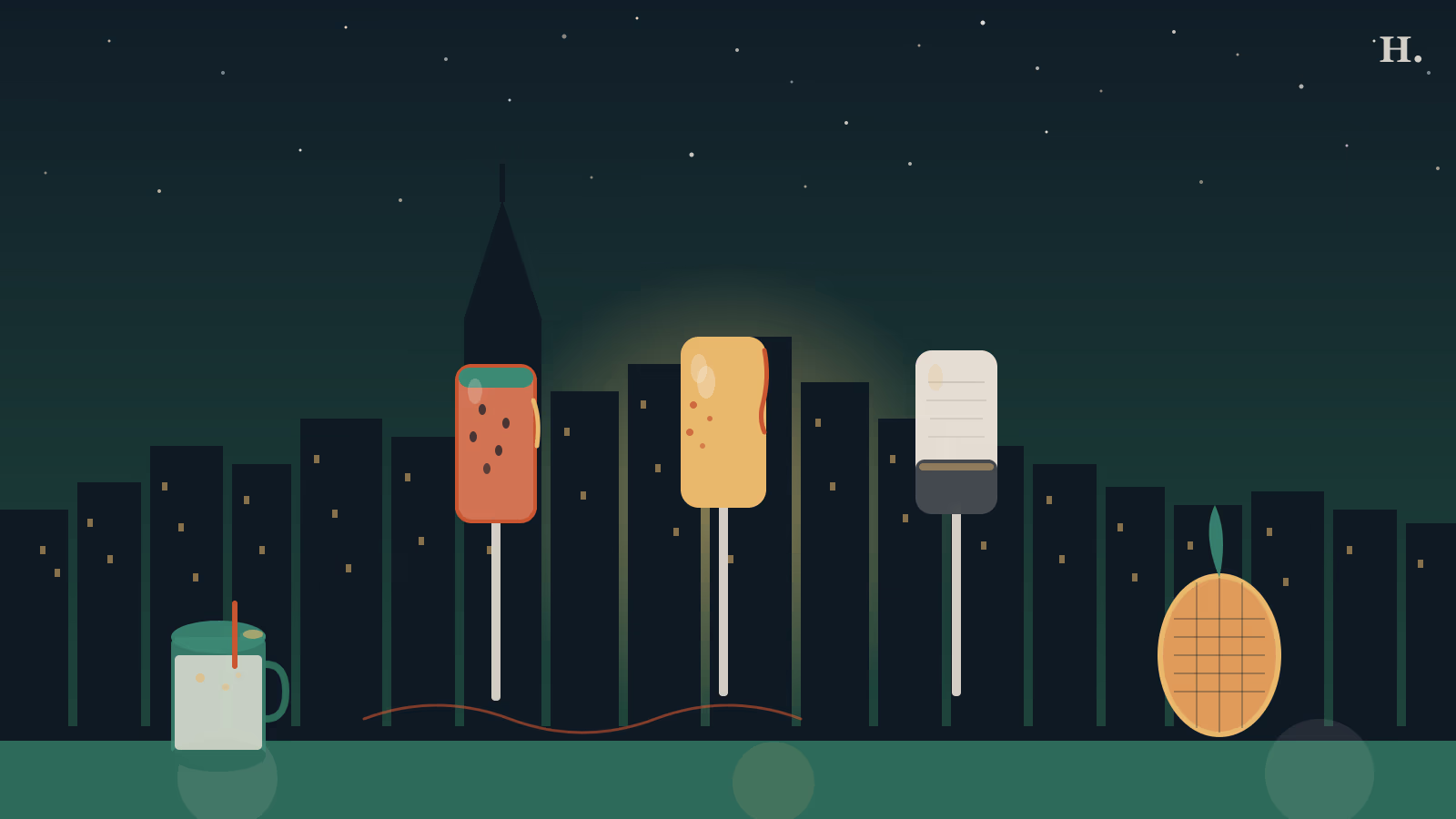 Best paleterias in Houston illustration: colorful fruit paletas and agua fresca jars against the Houston skyline at night