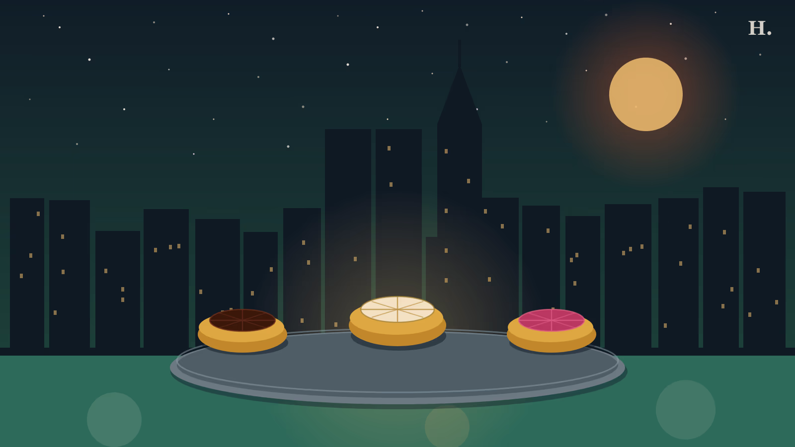 Best panaderías in Houston illustration: conchas on a bakery tray with Houston skyline at night
