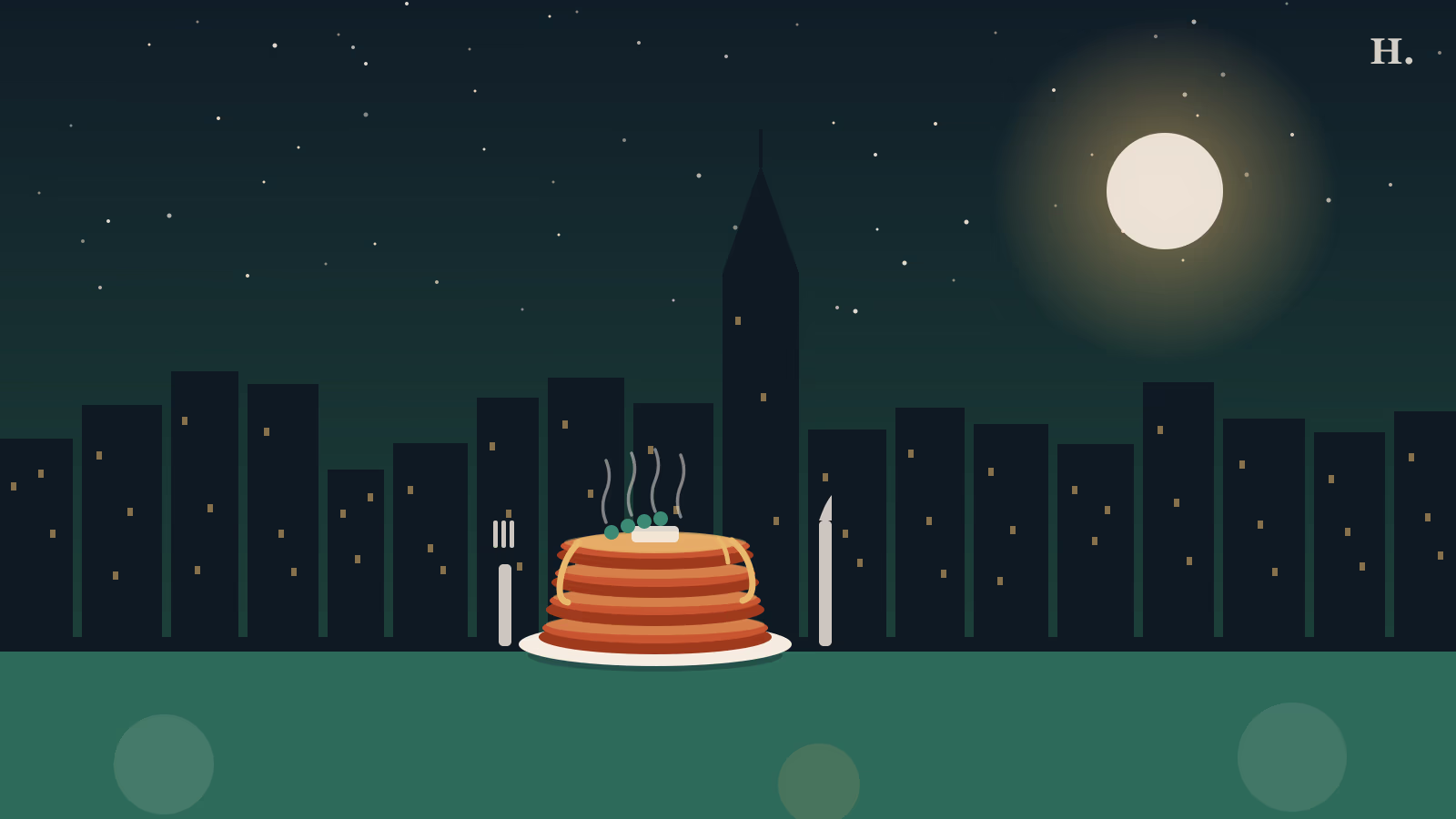 Best pancakes in Houston illustration: golden stack with syrup, berries, and night skyline