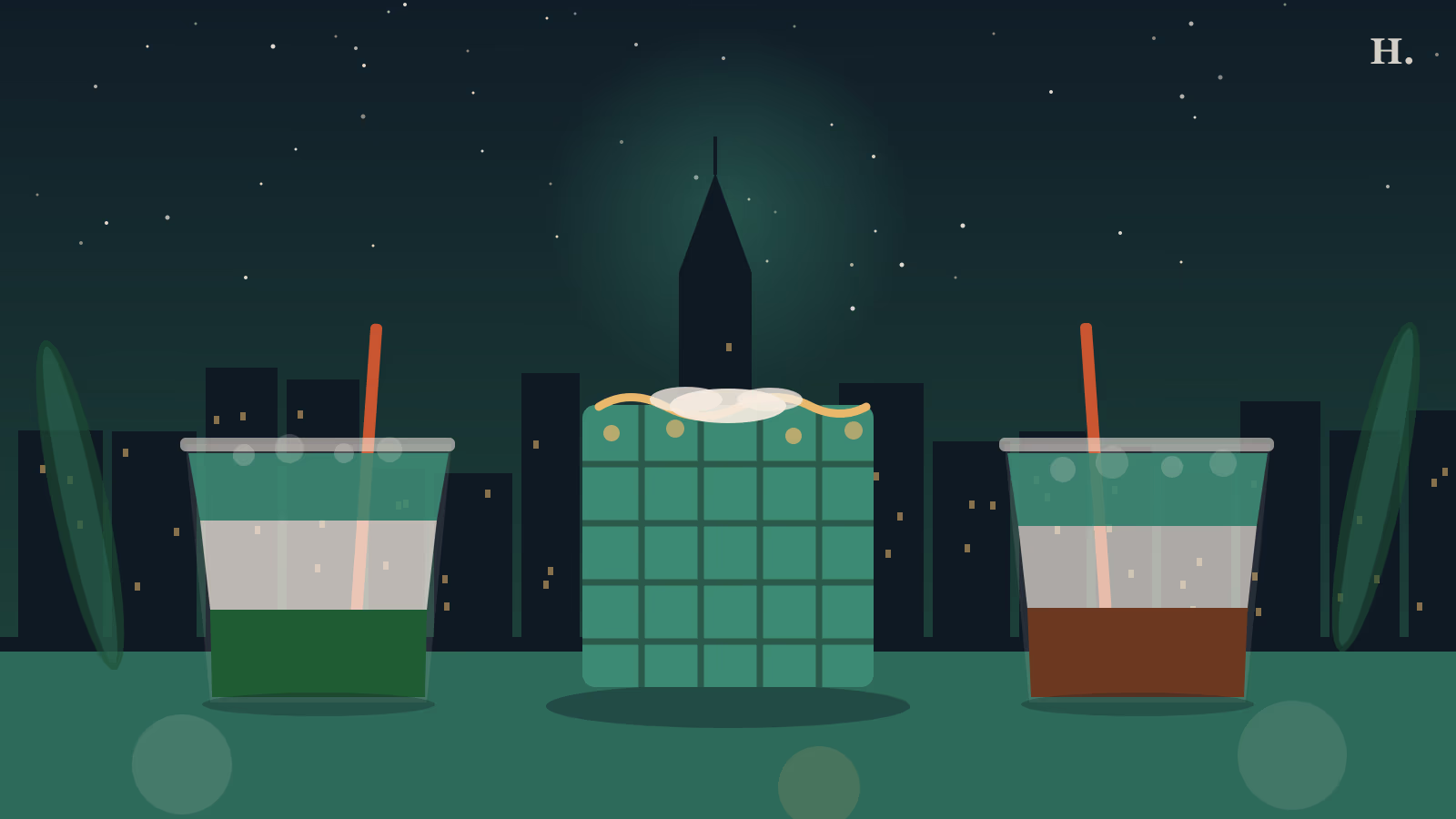 Pandan dessert Houston illustration: layered pandan drinks flanking a pandan waffle against the night skyline