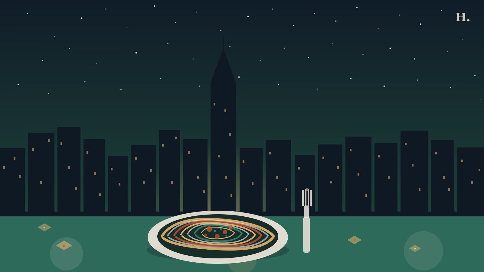 Best pasta in Houston illustration: steaming bowl of handmade pasta with fork against Houston night skyline