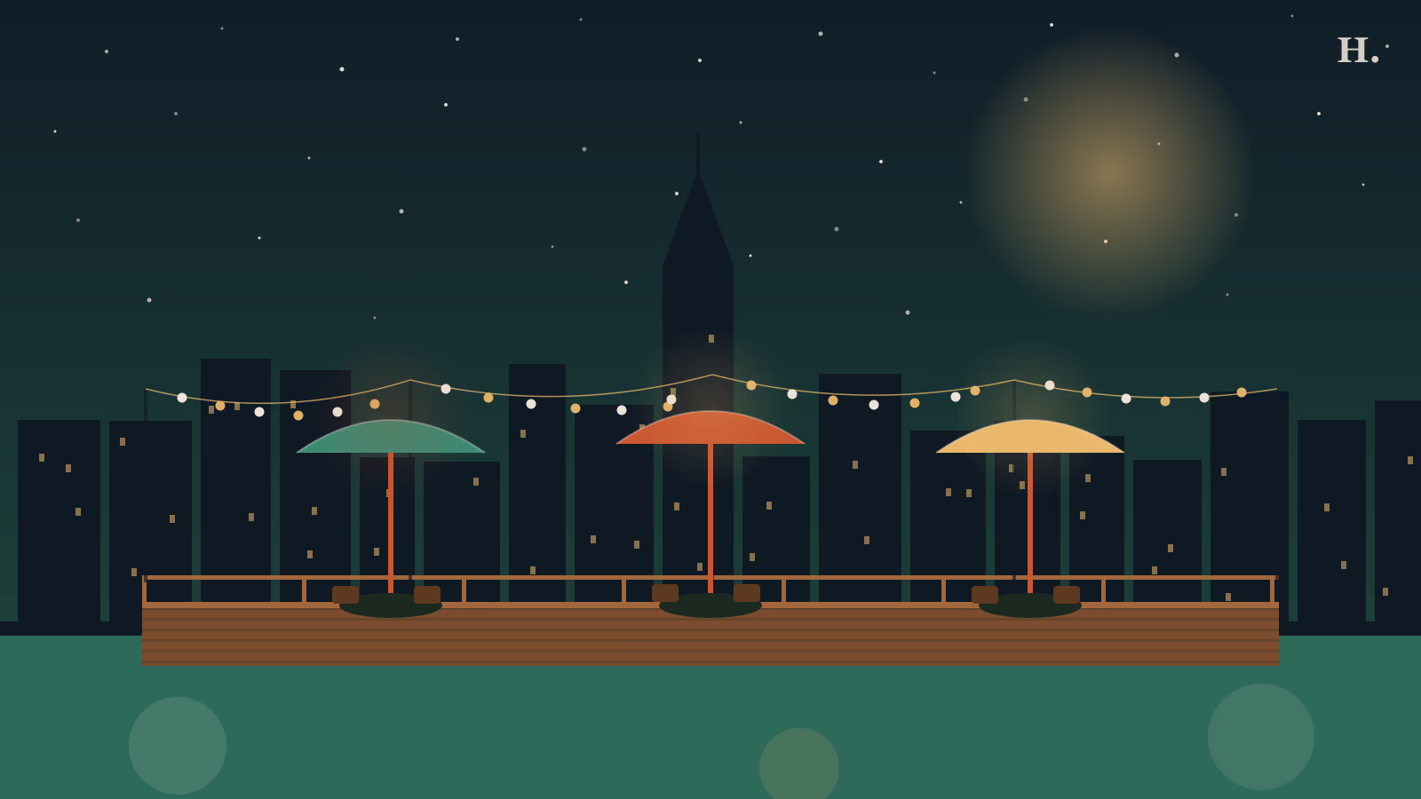 Best patio restaurants and bars in Cypress TX illustration: umbrella tables with string lights, Houston skyline at night