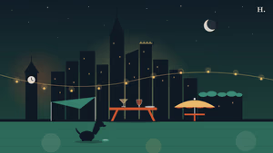Illustration of patio restaurants and bars in downtown Houston with string lights, umbrellas and a dog