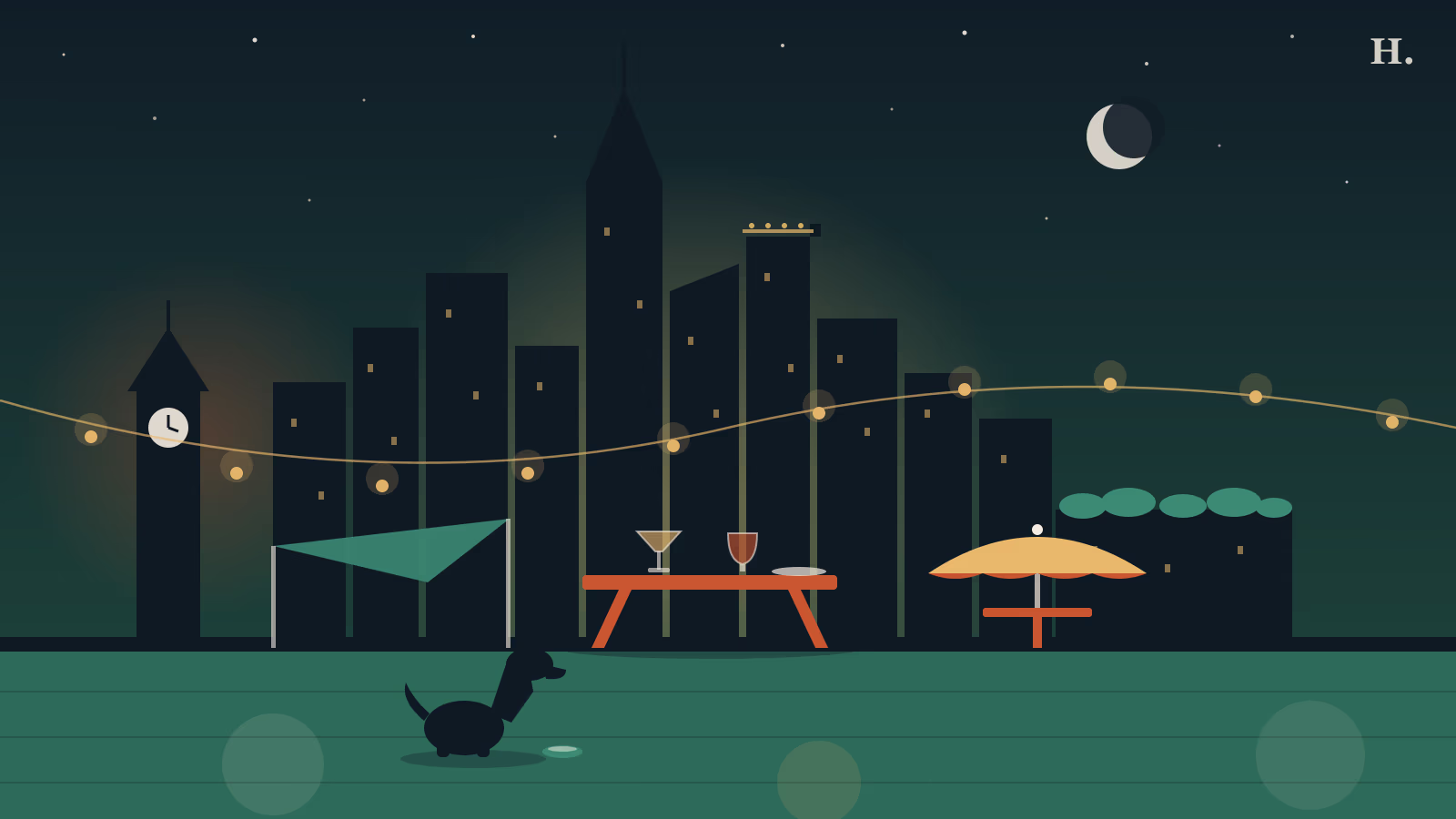 Illustration of patio restaurants and bars in downtown Houston with string lights, umbrellas and a dog