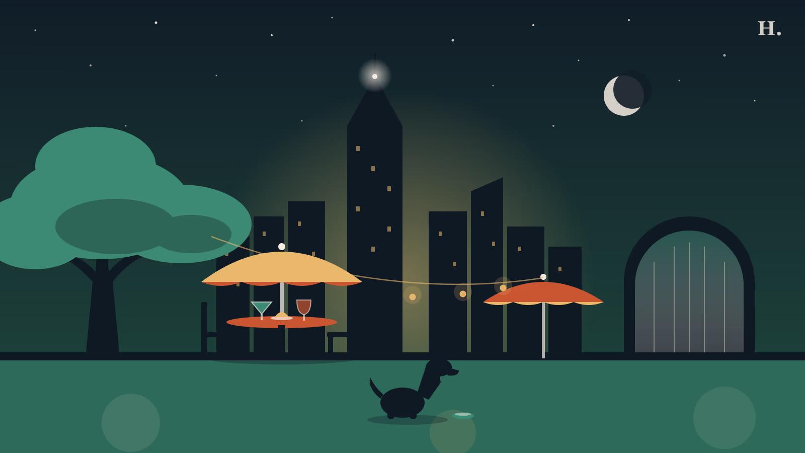 Patio restaurants and bars Galleria and Uptown illustration: shade umbrellas, live oaks, a dog and a pointed tower