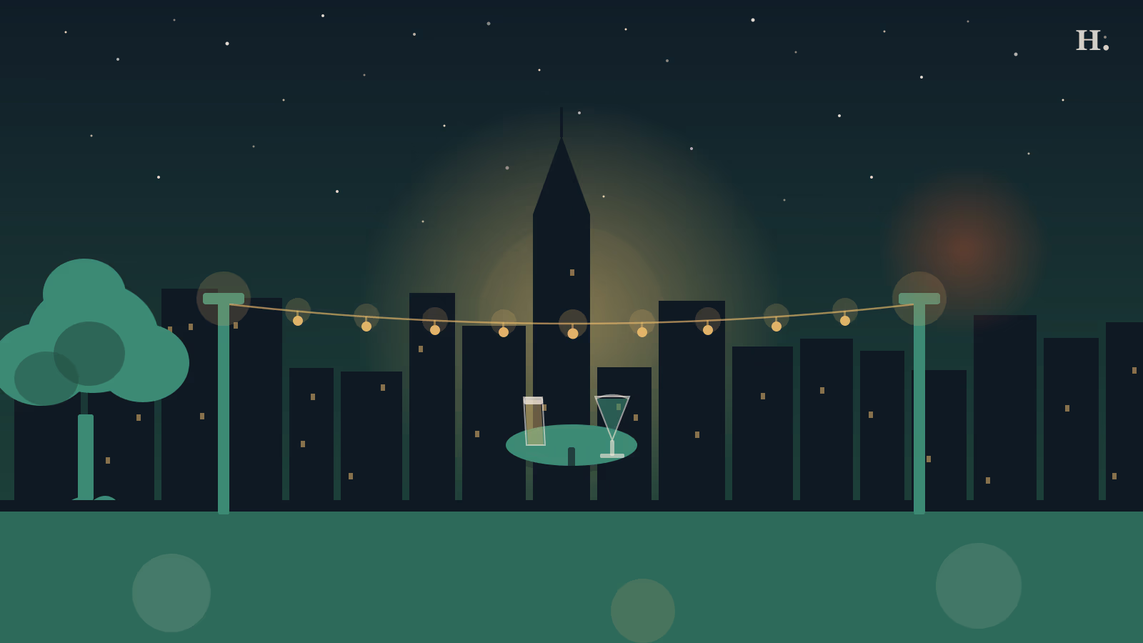 Patio restaurants and bars in Katy at night: string lights over outdoor tables and Houston skyline silhouette