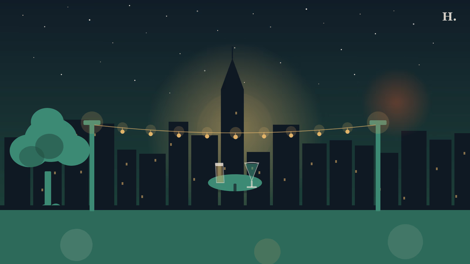 Best patio restaurants and bars in Spring TX: string lights over patio table with drinks, live oak tree at night