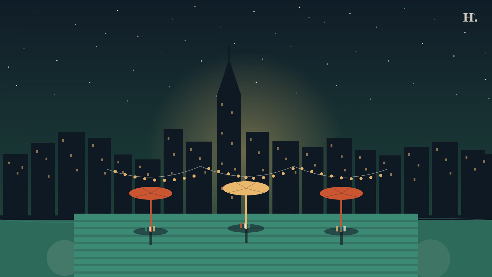 Patio restaurants and bars Sugar Land illustration: string lights over umbrella tables with a lake view at night