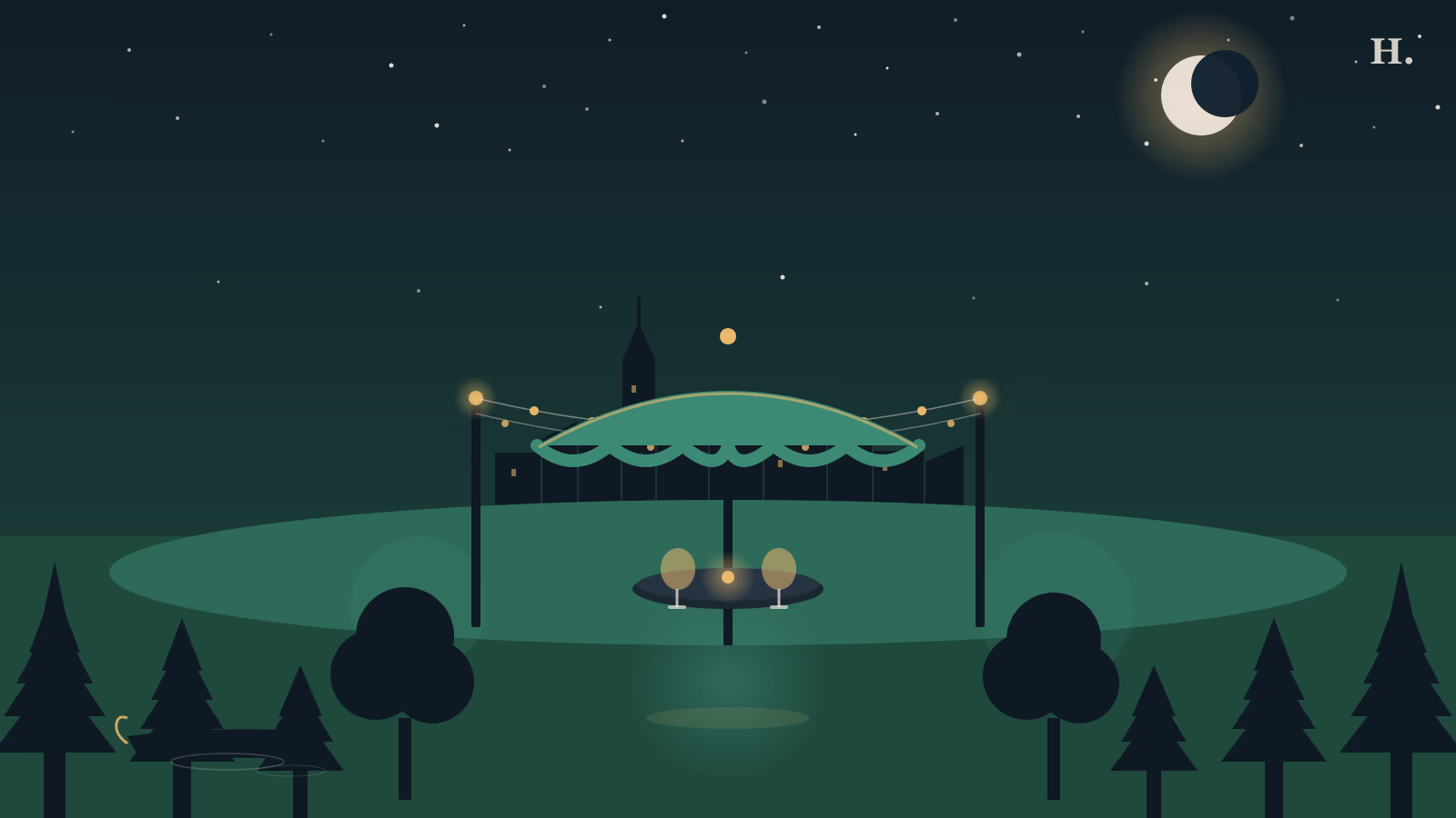 Patio restaurants and bars in The Woodlands TX: string lights over an umbrella table, wine glasses, pine trees and a canal gondola at night