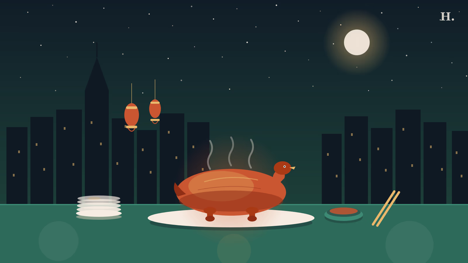 Lacquered whole Peking duck on a white platter with stacked thin pancakes, sauce bowl, and Houston night skyline in the background