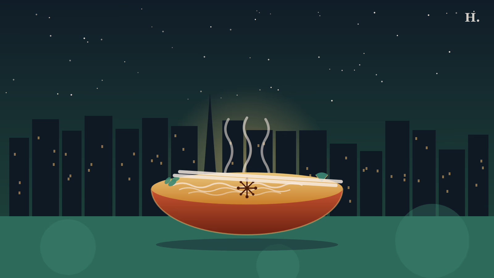 Bowl of pho in Houston with chopsticks and star anise floating in golden broth, Houston skyline at night