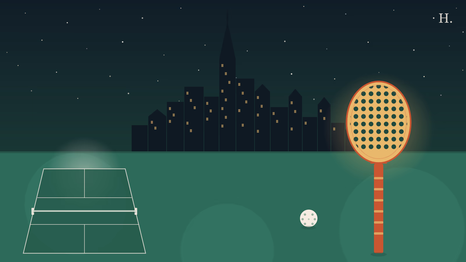 Houston pickleball courts illustration: paddle and court lines under night sky with downtown skyline