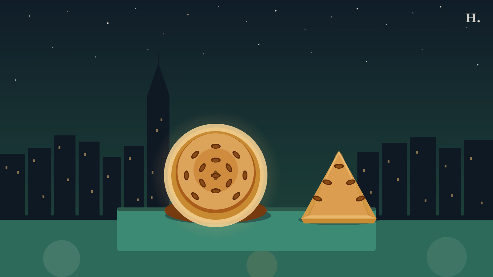 Best pie in Houston illustration: whole pecan pie and a slice on a counter against the Houston night skyline