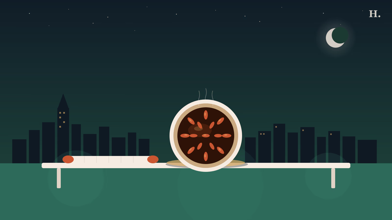 Pie houston illustration: whole pecan pie in the foreground, Houston night-sky skyline behind
