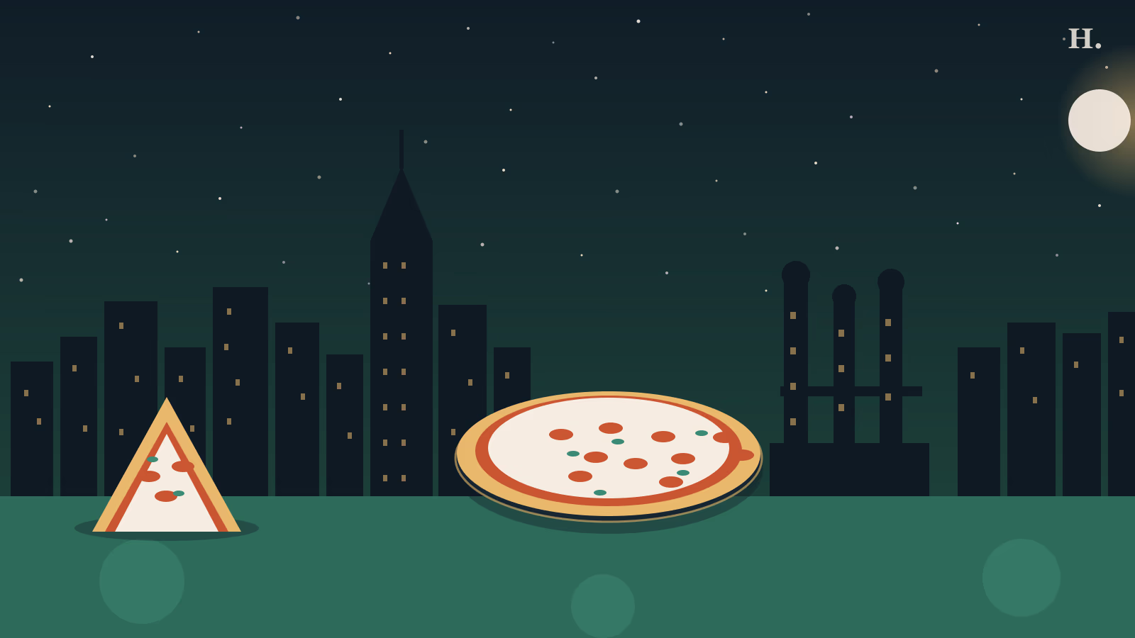 Best pizza in Baytown TX illustration: pizza slice and pizza pie at night with Houston skyline and industrial stacks