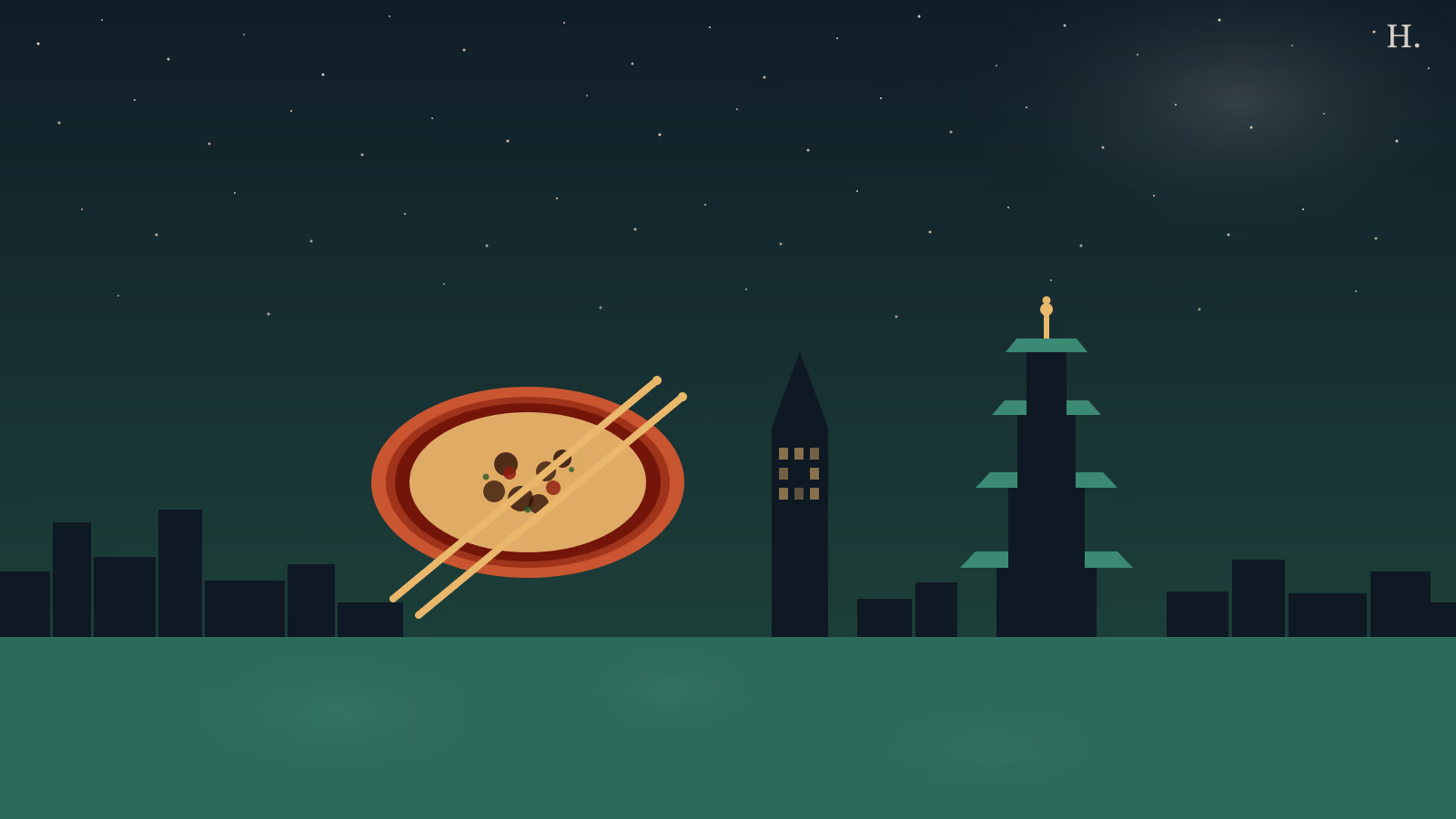 Pizza Chinatown Houston: round pie with chopsticks and pagoda at night