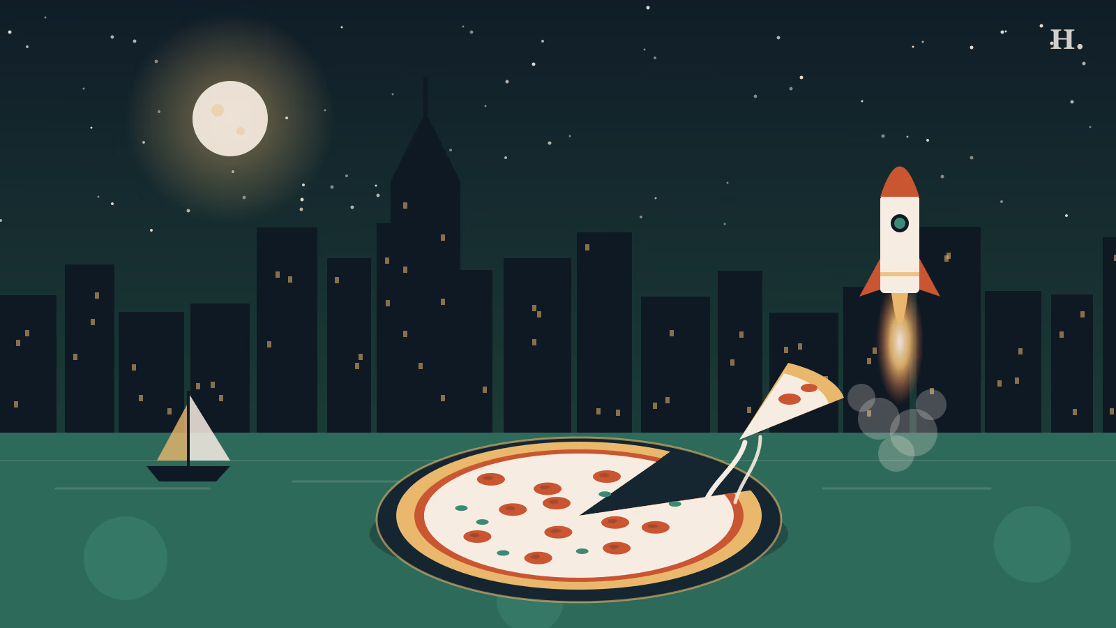 Pizza Clear Lake illustration: pizza with rocket launch over lake and Houston skyline at night