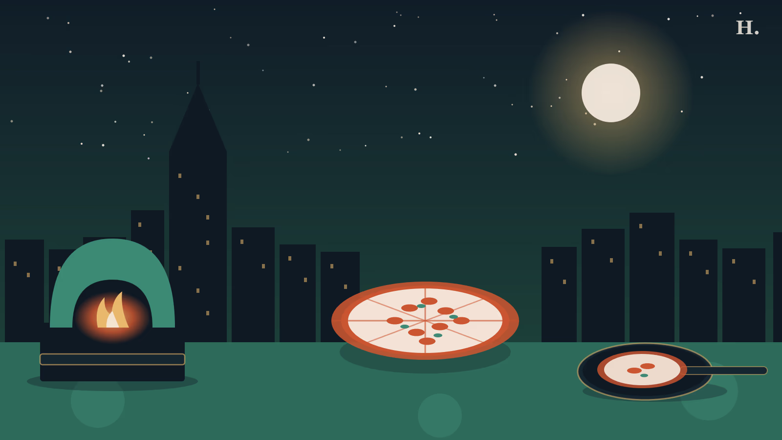 Best pizza in Conroe TX illustration: wood-fired pizza pie, glowing stone oven and Conroe skyline at night
