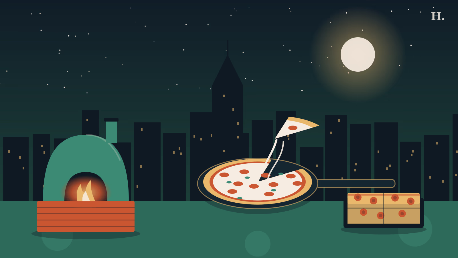 Pizza in Cypress TX illustration: wood-fired pizza pie and oven under a Houston night sky