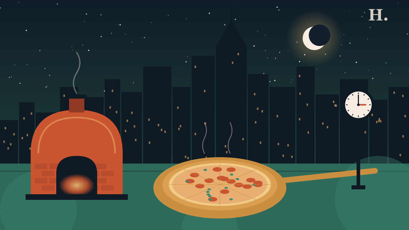 Pizza Downtown Houston illustration: brick dome oven, pizza on a peel and a 3 o'clock street clock