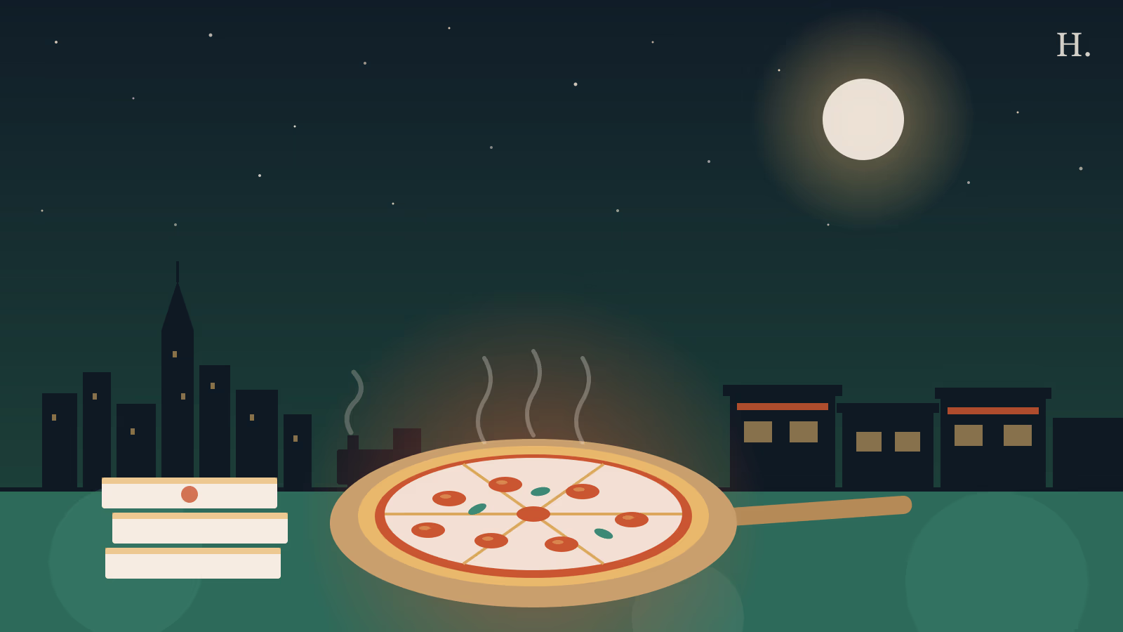 Illustrated pizza fulshear night scene with a pie on a peel, pizza boxes and small-town storefronts