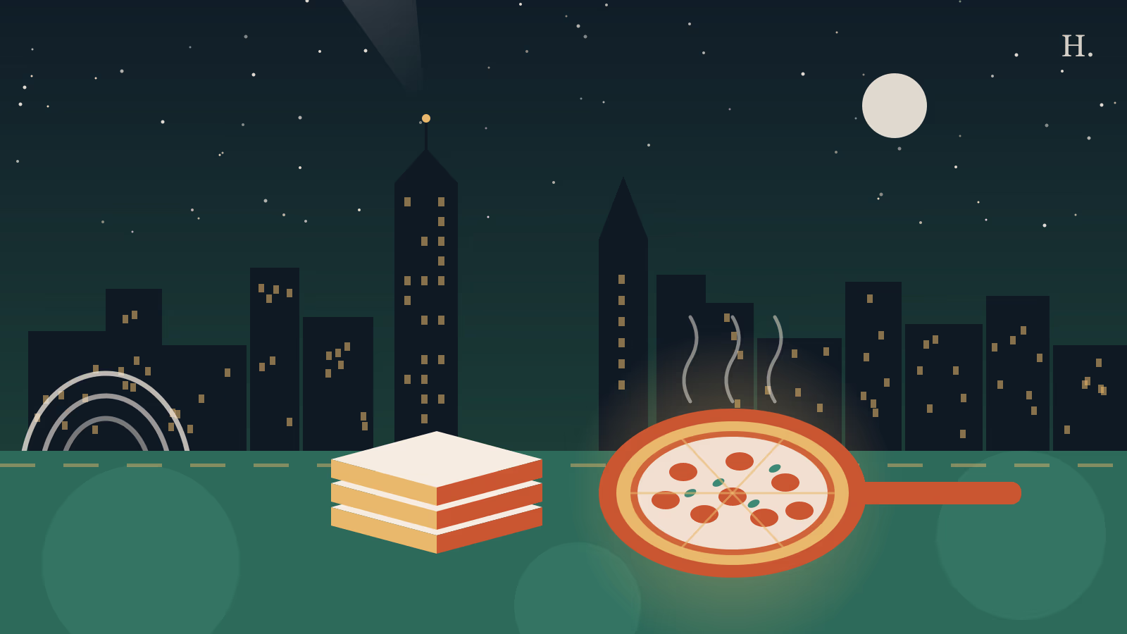 Illustrated night skyline with steel arches and a pizza for pizza Galleria and Uptown guide