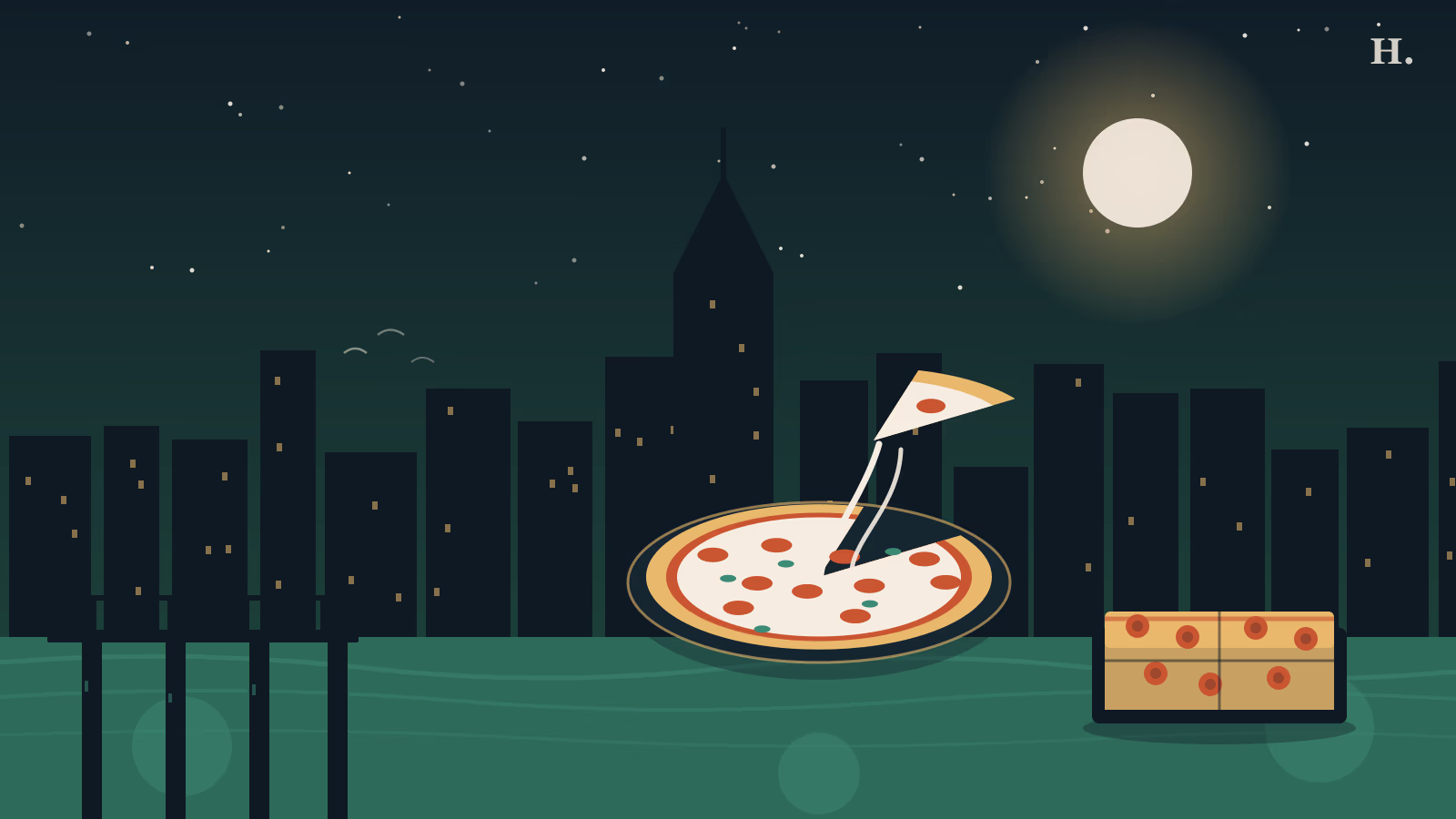 Pizza Galveston night illustration: pizza slice lifted over a Gulf pier and seawall under stars